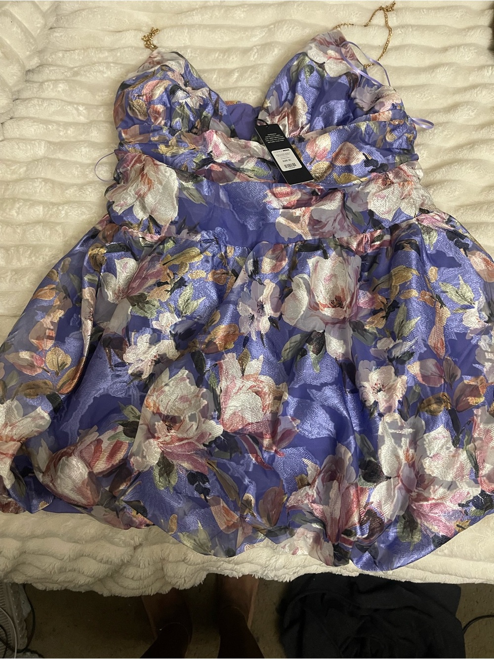 Fashion Nova Purple Floral Mini Dress with Gold Chain Straps - Picture 6 of 7